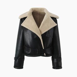 Too Blessed Sherpa Lined Shearling Leather Flight Jacket BLACK SMALL NWT